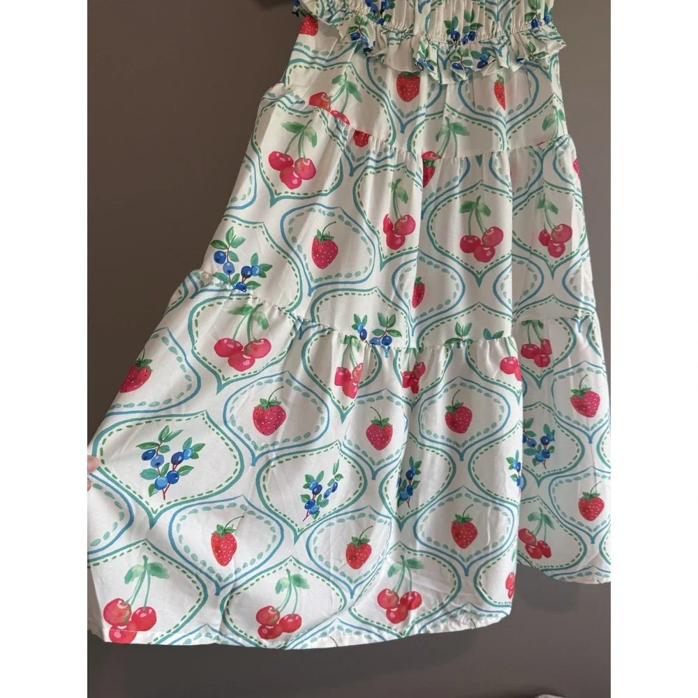 Us Together Fruit Print Maxi Dress Smocked Tiered Cherry Strawberry Blueberry Lg - Picture 8 of 15